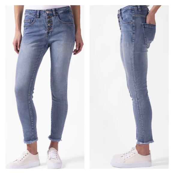 Bianco Buttercup Boyfriend Jeans Light Blue Stretch Denim Button-Fly Size 24 - Picture 1 of 16
